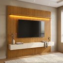Ver imagem 1 de Rack com Painel Ripado para TV até 90 Polegadas em MDF com LED 250x229cm Marrom Naturale/Off White