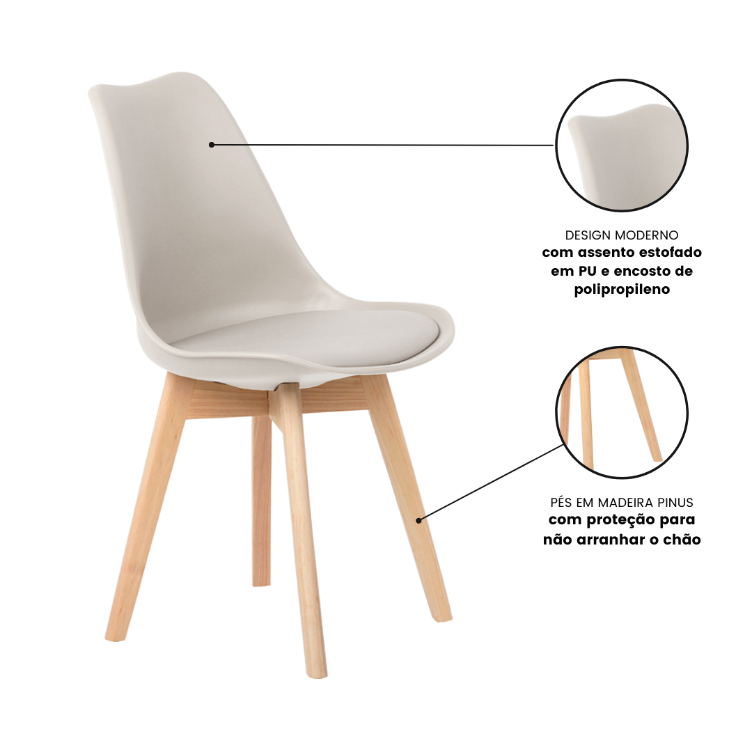 Kit 6 Cadeiras Jantar Eames Wood Leda Design Estofada Nude - 7