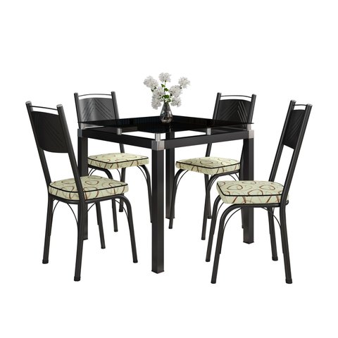 Conjunto Mesa de Jantar Tubular Malva Tampo de Vidro Quadrado 75cm com 4 Cadeiras 151 Sf Preto/cedro