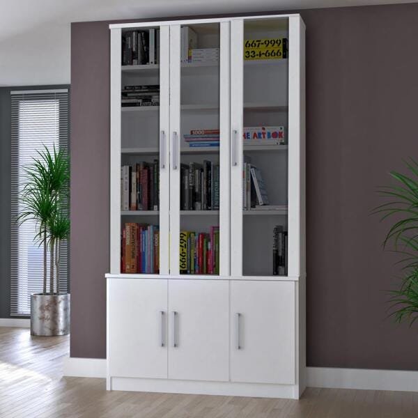 Estante De Livros 6 Portas com Portas Sup. Vidro Fume 12801282 Branco ...