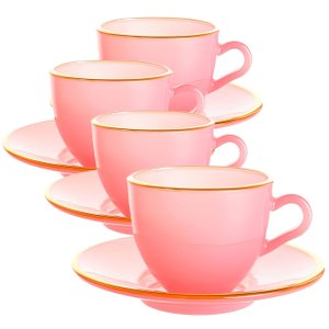 Jogo de Xícaras para Café Matte Rosa com Borda Dourada em Vidro com Pires 85ml - 8 Peças
