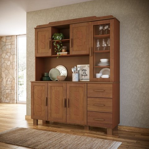 Armário de Cozinha Retrô Madeira Maciça 1240c Cobre 6 Portas Aplique Mdf 3 Gavetas Castanho Finestra