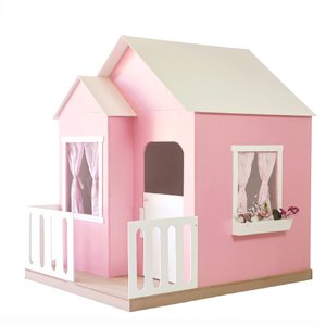 Casinha de Brinquedo Artesanal Janela Lateral Versátil com Cortinas Mdf Rosa/branco L12 - Criança Fe