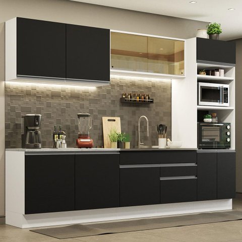 Armário de Cozinha Completa 310cm Branco Preto Glamy Madesa 01