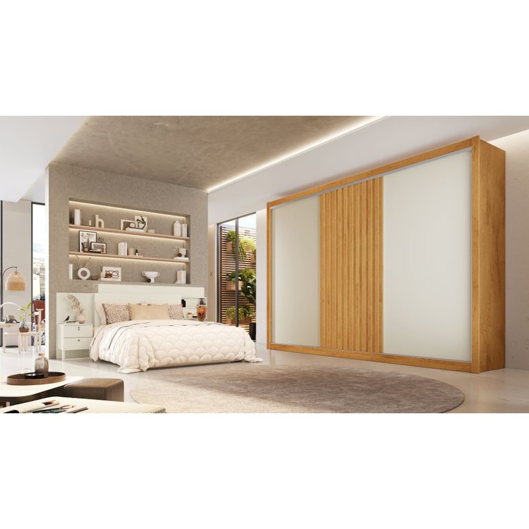 Guarda Roupa 3 Portas 1 Ripada 100% Mdf Vitória Peroba Off White Móveis Europa