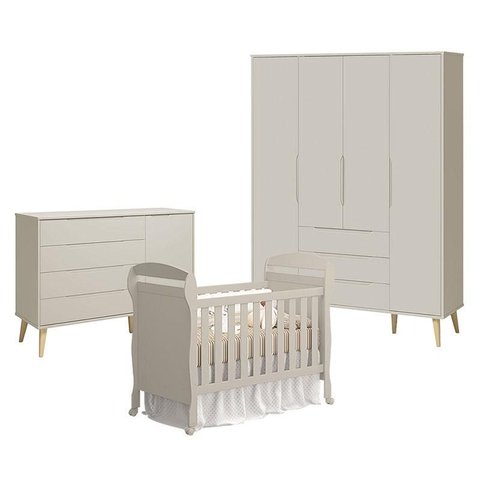 Quarto de Bebê 4 Portas com Cômoda com Porta Elfe Retrô e Berço Americano Danny Areia Acetinado Natu