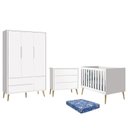 Ver imagem 1 de Dormitório Infantil Theo Retrô 3 Portas, Cômoda, Berço Branco Fosco com Pés Madeira Natural e Colchã