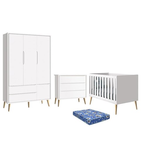 Dormitório Infantil Theo Retrô 3 Portas, Cômoda, Berço Branco Fosco com Pés Madeira Natural e Colchã