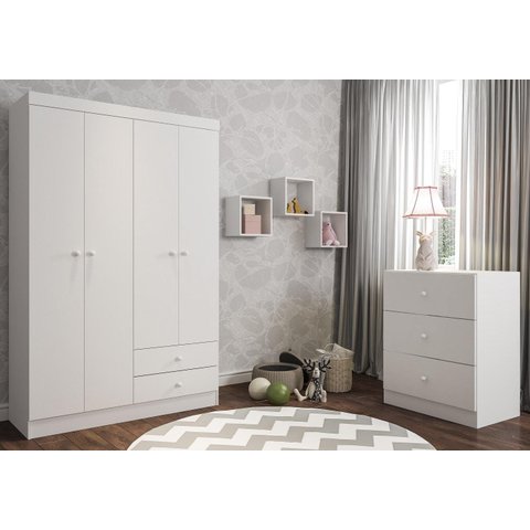 Dormitório Infantil Louise Guarda Roupa Infantil 4 Portas e Comoda Branca Ajl
