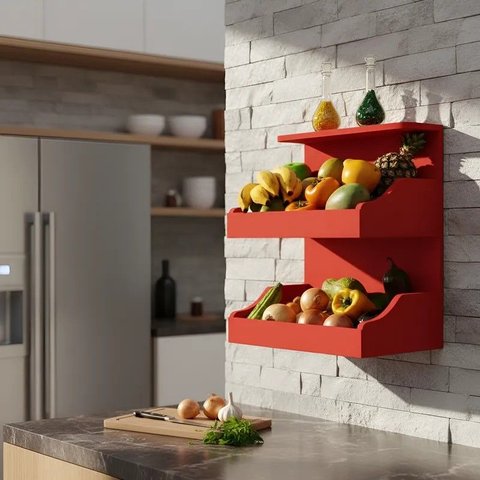 Fruteira Suspensa de Parede com Painel Porta Legumes Cozinha em Madeira Vermelho Laca