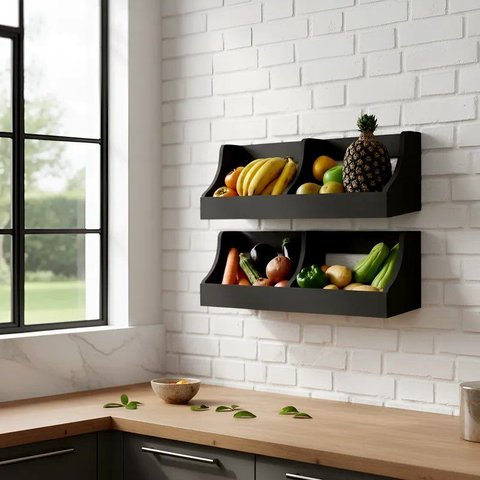 Fruteira Suspensa de Parede Prateleira Porta Legumes Cozinha em Madeira Preto Laca