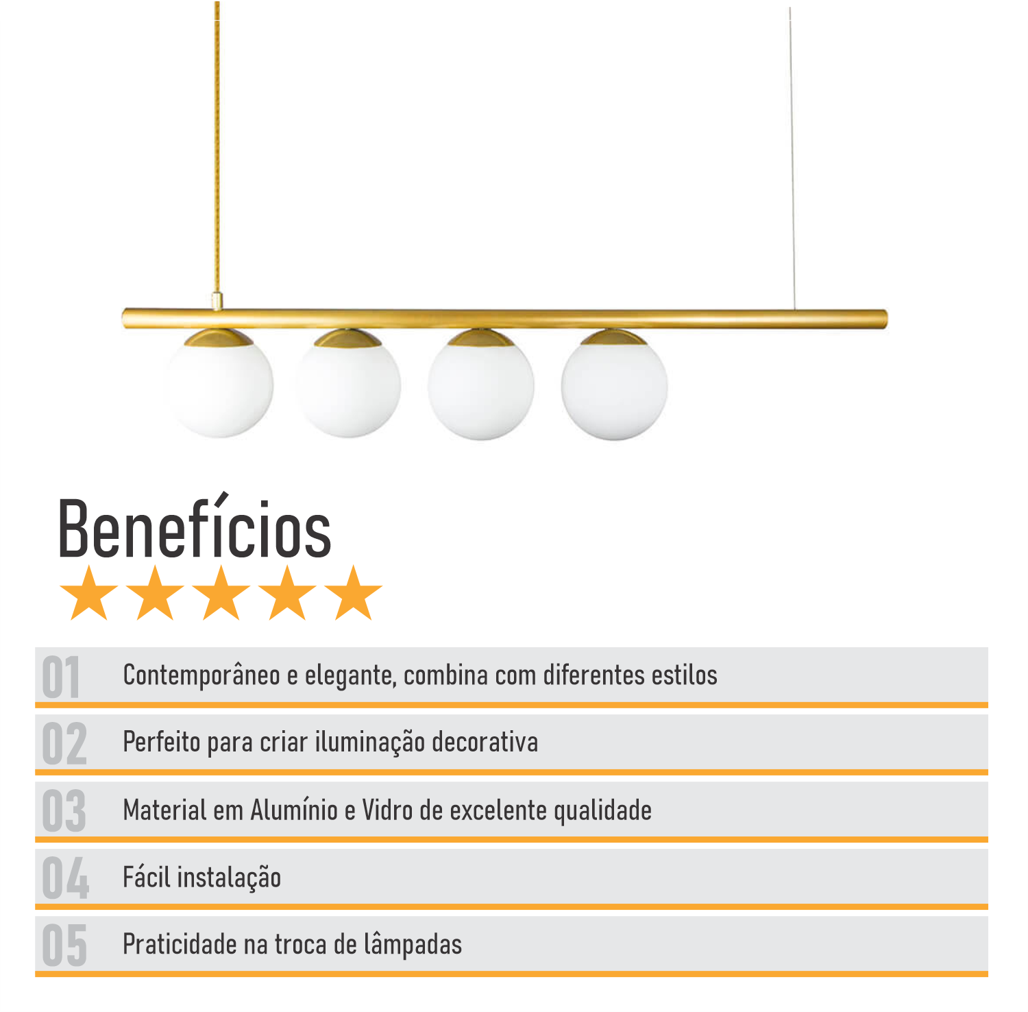 Lustre Pendente Figo com 4 Globos Esfera de Vidro - Ouro - 4-2620-14 - 7