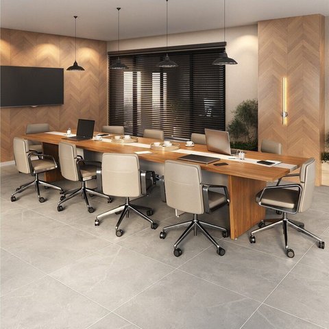 Mesa Reunião Escritório 10 Lugares com Caixa de Tomada, Tampo Engrossurado 50mm Marrom/Freijó/Branco Artany