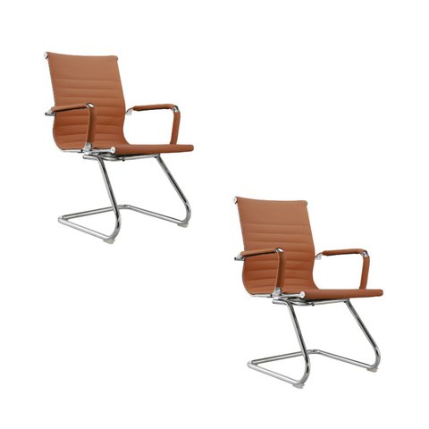 Kit com 2 Cadeiras Escritório Interlocutor Fixa Couro Ecológico Manhattan (Esteirinha) - Caramelo