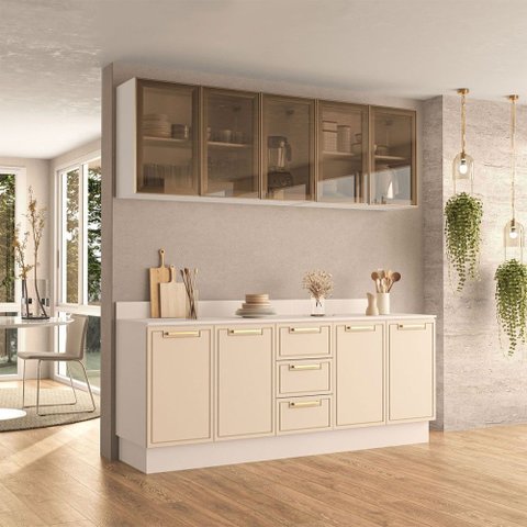 Cozinha Compacta Amara 9 Portas 3 Gavetas com Vidro 40250786 Creme/branco - Politorno