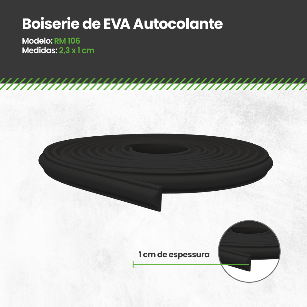 Roda Meio 2,5m Linear de Eva Boiserie Autocolante Preto Meu Rodapé Rm61 2,3cm - 4