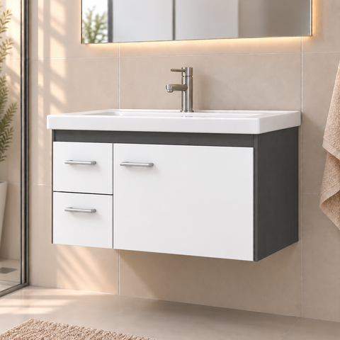 Gabinete de Banheiro Armário com Gavetas Toucador Prisma Fimap Grafite Branco