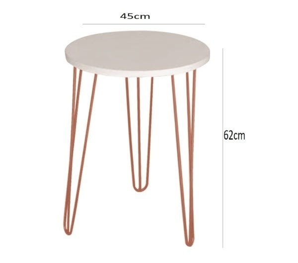 Mesa de Apoio e Lateral Canto Redonda MDF 45cm Pé de Ferro Metal Hairpin:Tampo Branco Pé Rosê-Cobre - 3