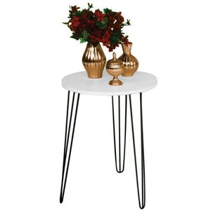 Mesa de Apoio e Lateral Canto Redonda MDF 45cm Pé de Ferro Metal Hairpin:Tampo Branco Pé Preto