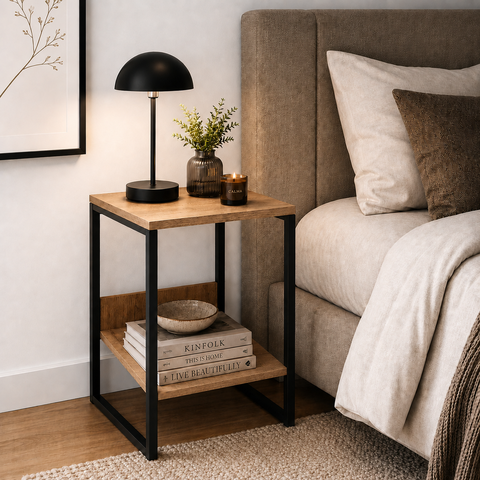 Mesa Cabeceira de Cama Criado Industrial Base de Ferro Preto Tampo Canela