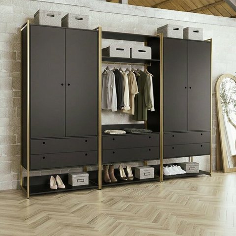 Guarda-Roupa Closet Modulado Casal 6 Gavetas 3 Cabideiros Estrutura Metalica 250cm Preto