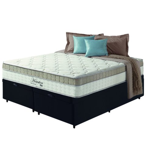 Cama Box Baú Queen Preto + Colchão Molas Ensacadas Houston Pillow Inn 158x198x70cm