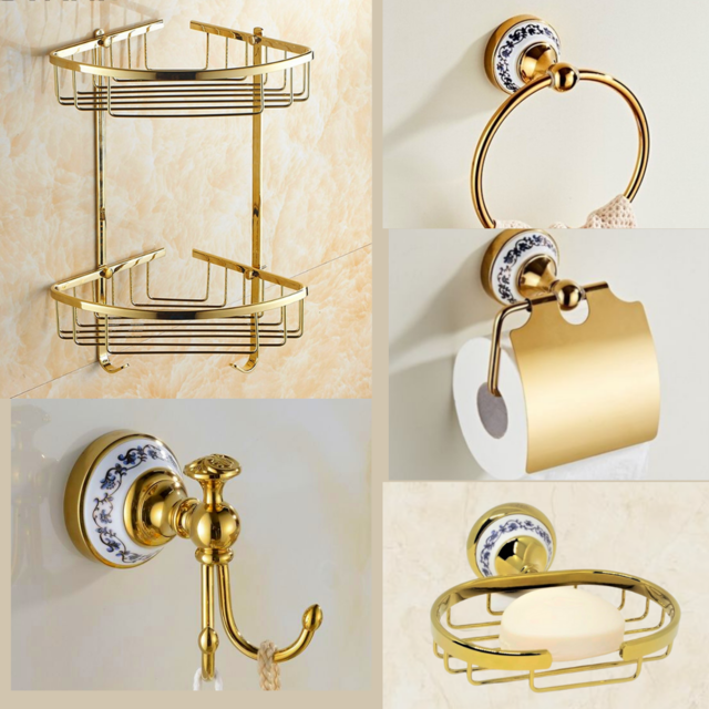 Kit Banheiro Vintage Metal Dourado Ouro Luxo Provençal 5 pçs