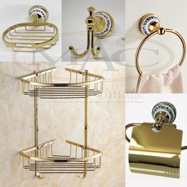 Kit Banheiro Vintage Metal Dourado Ouro Luxo Provençal 5 pçs