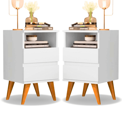 Kit 2 Mesas de Cabeceira Quarto Apoio Lateral Cama Box Casal Estilo Retrô Pop 2 Gavetas Branco