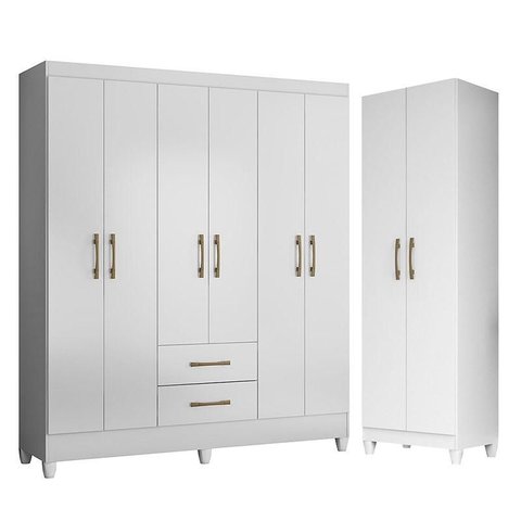 Guarda Roupa Casal Panamá e Armário Multiuso New Iris Branco Brilho - Moval