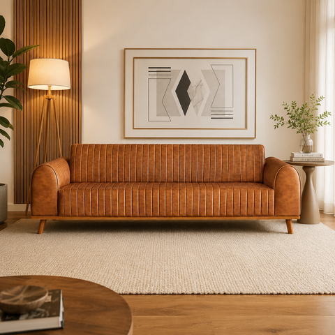 Sofá Living Átila Couro Ecológico Caramelo, 2,10 Metros, Design Retrô.