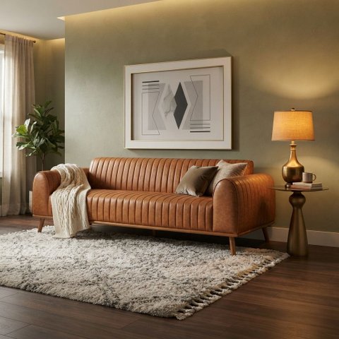 Sofá Living Átila Couro Ecológico Caramelo, 2,10 Metros, Design Retrô.