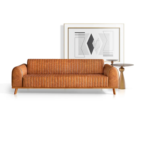Sofá Living Átila Couro Ecológico Caramelo, 2,10 Metros, Design Retrô.