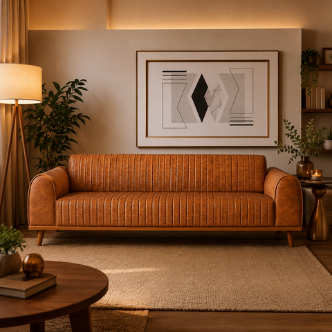 Sofá Living Átila Couro Ecológico Caramelo, 2,10 Metros, Design Retrô.