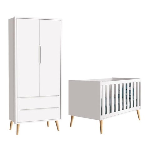 Berço Americano e Guarda Roupa 2 Portas Infantil Theo Branco Acetinado com Pés Madeira Natural – Rel