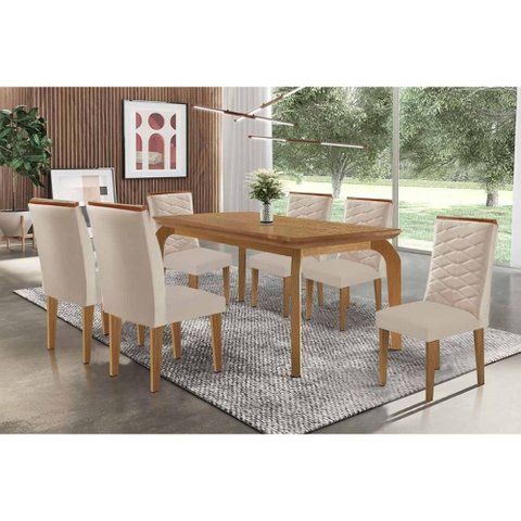 Conjunto: Mesa de Cozinha Londrina Tampo Curvo 180cm+6 Cadeiras Maldivas Madeira Naturale -