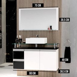 Conjunto Gabinete Banheiro 2 Gavetas 2 Portas 80cm com Espelheira Diamante - Preto - Preto - 3