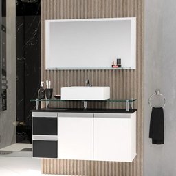 Conjunto Gabinete Banheiro 2 Gavetas 2 Portas 80cm com Espelheira Diamante - Preto - Preto - 1
