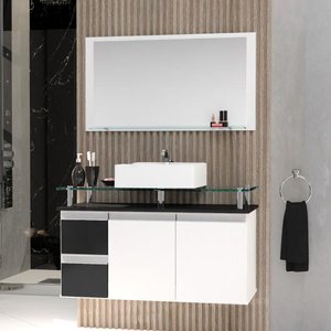 Conjunto Gabinete Banheiro 2 Gavetas 2 Portas 80cm com Espelheira Diamante - Preto - Preto