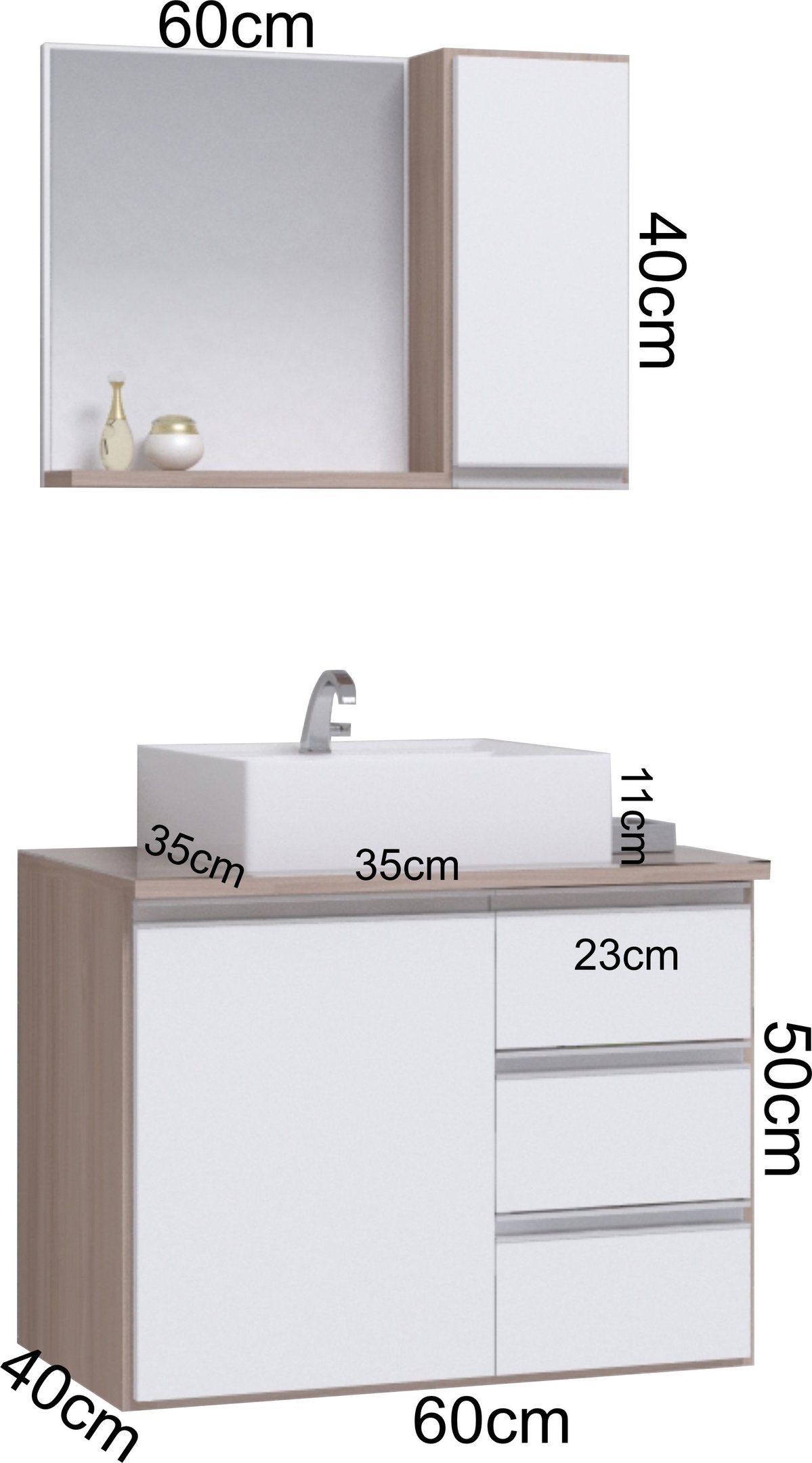 Conjunto Gabinete Banheiro Completo Prisma 60cm - Madeirado / Branco COM TAMPO VIDRO - 3
