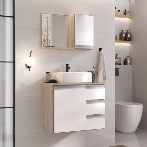 Conjunto Gabinete Banheiro Completo Prisma 60cm - Madeirado / Branco com Tampo Vidro