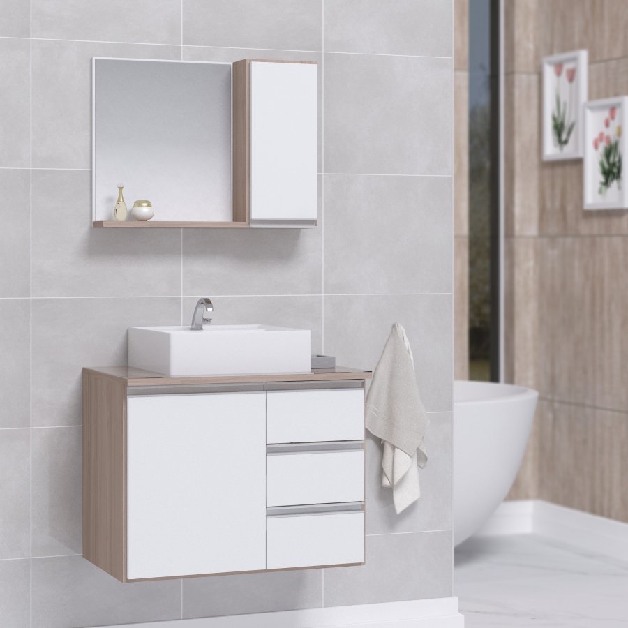 Conjunto Gabinete Banheiro Completo Prisma 60cm - Madeirado / Branco COM TAMPO VIDRO