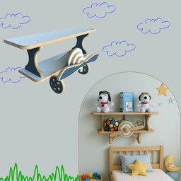 Prateleira Infantil Avião Azul e Branco - Branco e Madeira - 2