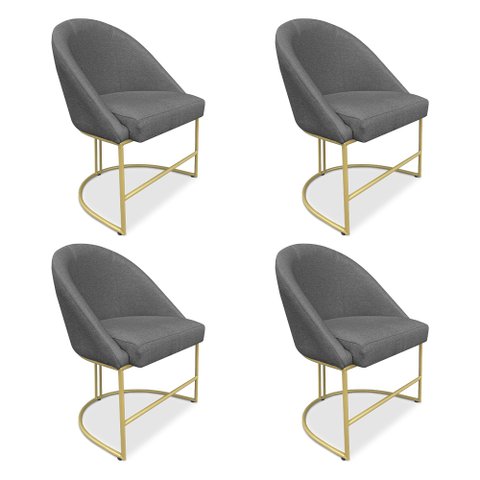 Kit 04 Cadeiras Poltrona de Jantar Bela Linho Grafite Base Metálica Industrial Dourado - Pallazio