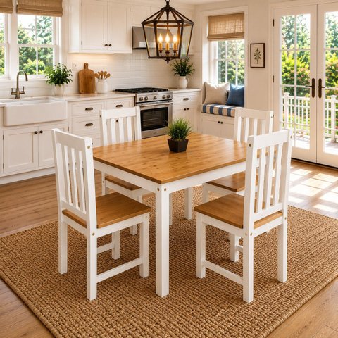 Conjunto 1 Mesa 4 Cadeiras Madeira Maciça de Pinus e MDF Denver Branco/Mel Âmbar