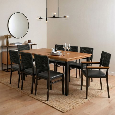 Conjunto Sala de Jantar Mesa 8 Cadeiras Corino Tampo de Madeira Maciça Pinus Athenas Madri Preto/Galaxy Preto