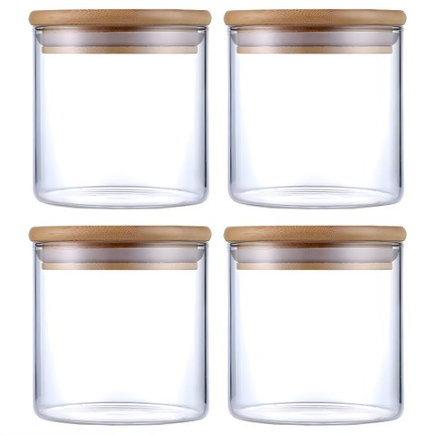 Kit 4 Potes Herméticos Vidro Tampa Bambu 10 X 10 Cm 650ml