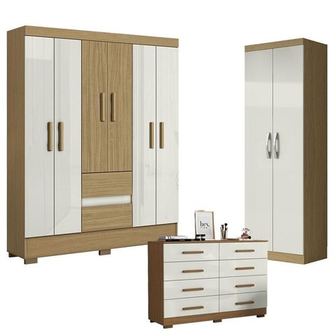 Guarda Roupa Casal Coimbra 2005138 com Armário Multiuso New 2000192 e Cômoda 2014148 Atacama Off Whi