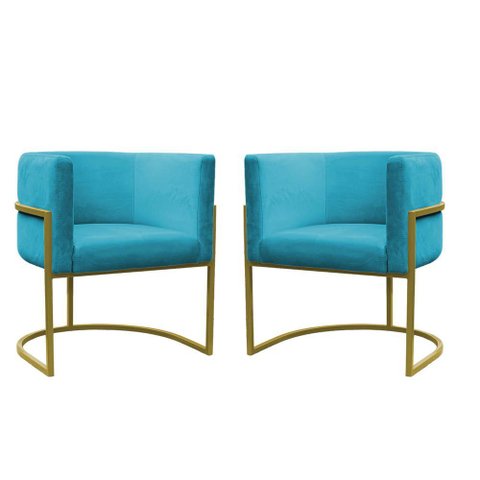 Kit 2 Poltronas Reforçada Decorativa Sala Carla Base Ferro Dourada Suede Azul Tifany