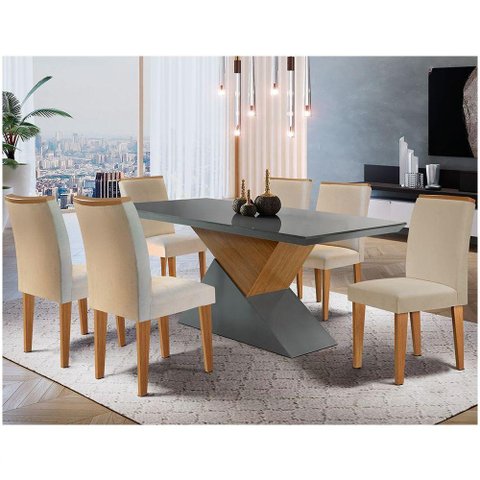 Mesa Aster 180 Tampo Em Mdf Canto Reto Com 6 Cadeiras Lunara Moderna Creme, Grafite E Imbuia